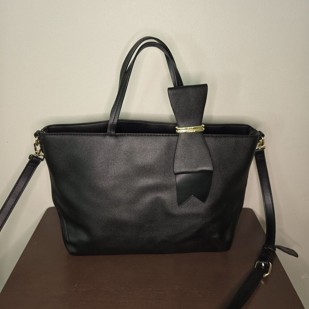 Betsey Johnson Black Bow Gold Hardware Satchel Top Handle Bag Detachable Strap